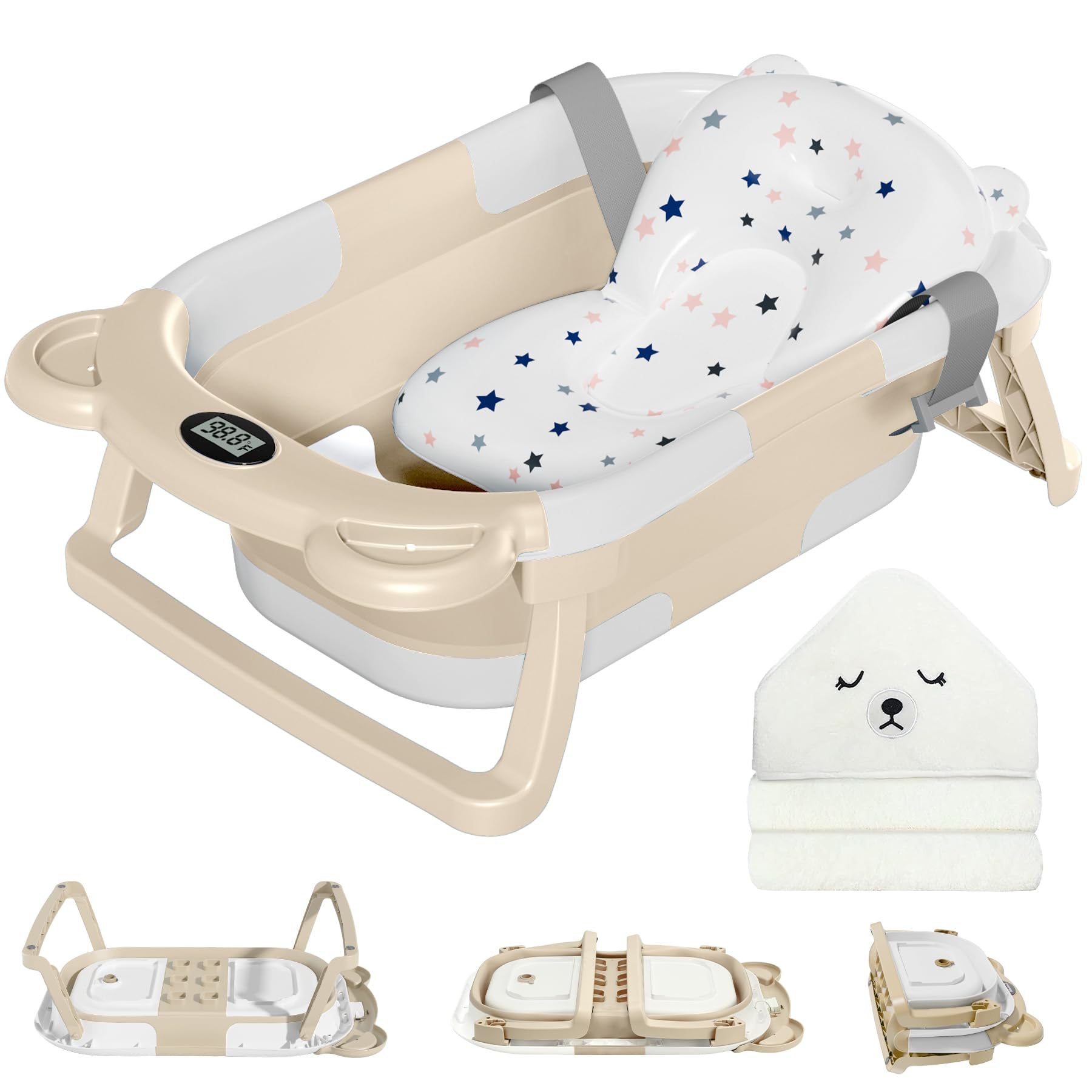 MoreFeel collapsible baby bathtub folded for compact storage