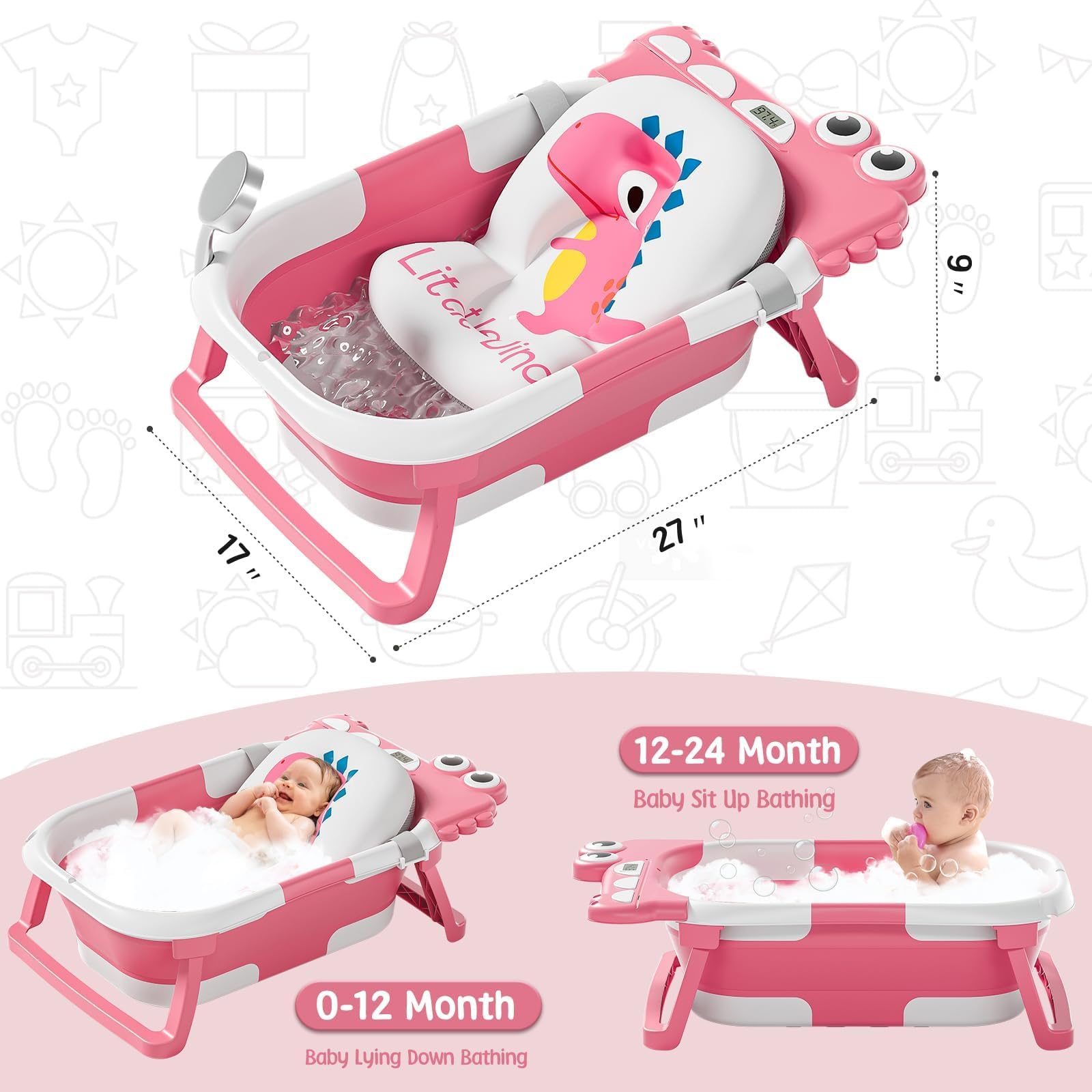 MoreFeel collapsible baby bathtub in use showing space-saving setup in small bathroom.