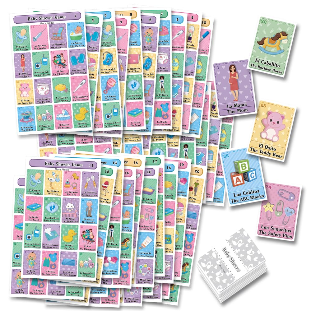 More Fiesta baby shower Loteria deck of 54 cards for bilingual play.