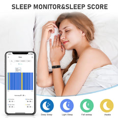Moremore Fitness Tracker sleep tracking shows nightly rest patterns and score.