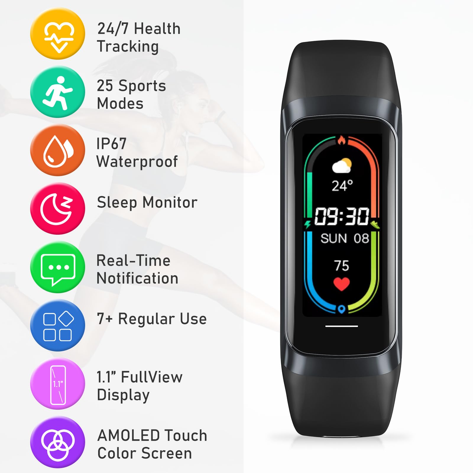 Moremore Fitness Tracker waterproof design suits workouts and daily wear.