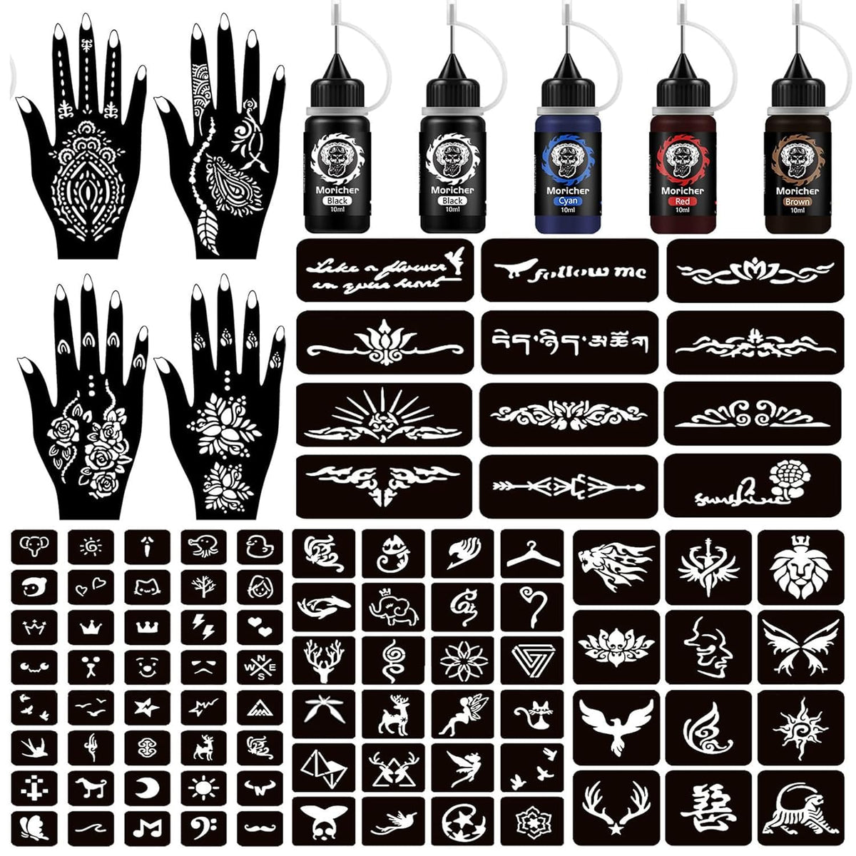 Moricher Henna tattoo kit ink bottles for bold, temporary body art.