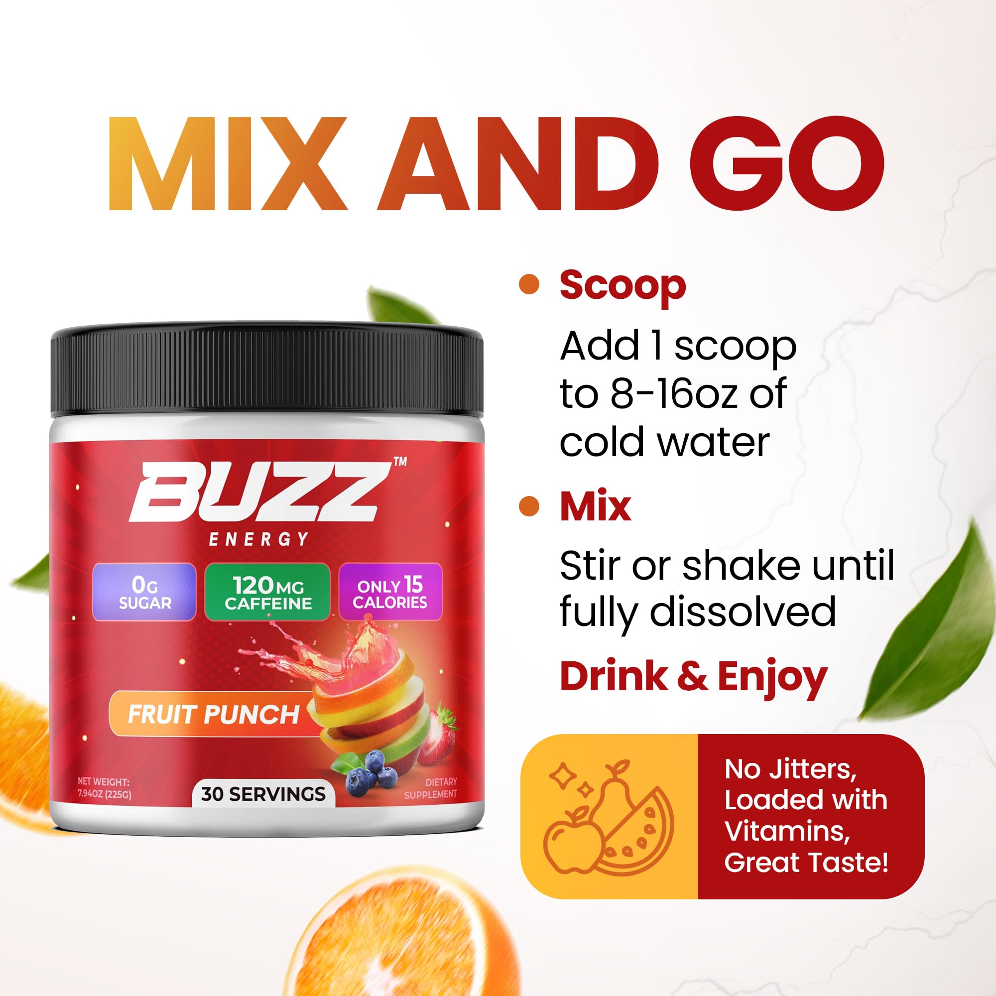Morning Buzz Energy Powder ingredients and vitamin blend closeup