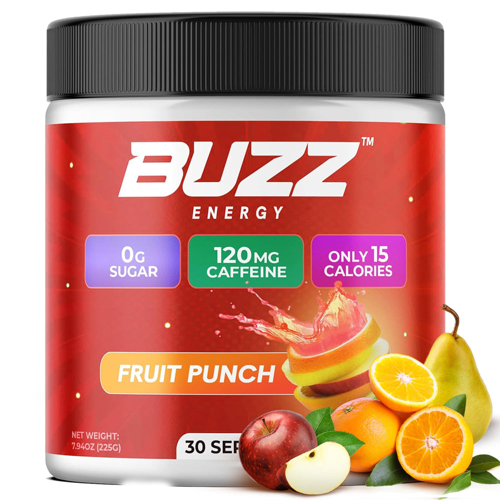 Morning Buzz Energy Powder open tub with scoop ready to mix