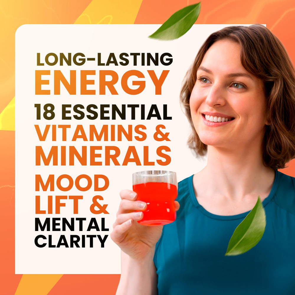 Morning Buzz Energy Powder serving glass with Fruit Punch ready-to-drink