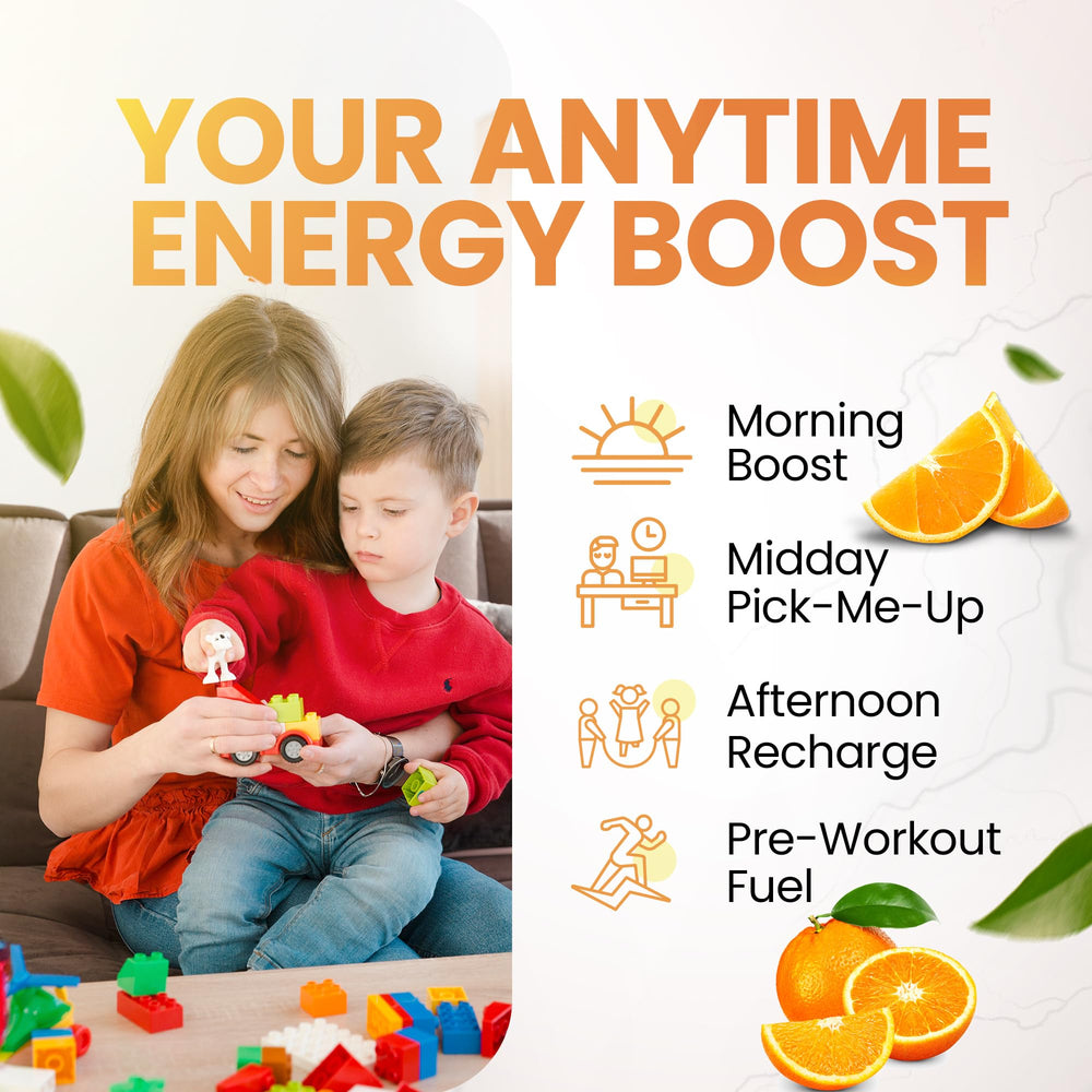 Morning Buzz Orange Burst dissolved in glass demonstrates refreshing taste and clean energy