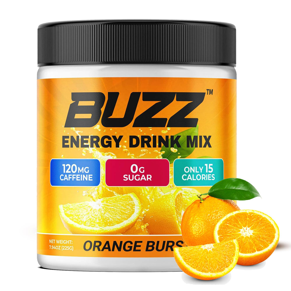 Morning Buzz Orange Burst ingredients panel shows 18 vitamins and minerals