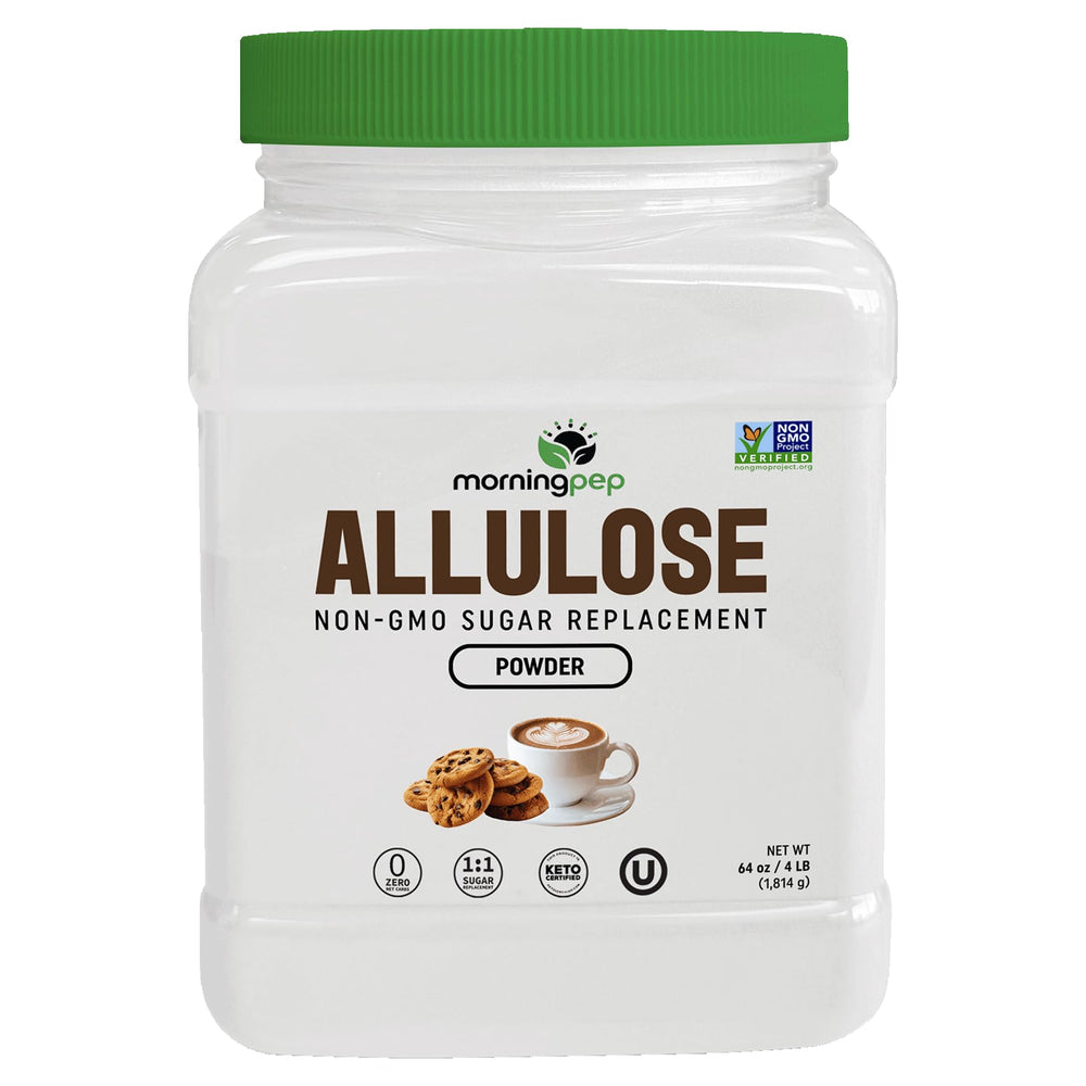 Morning Pep Allulose bottle 4 lb on a kitchen counter for zero-calorie sweetness.