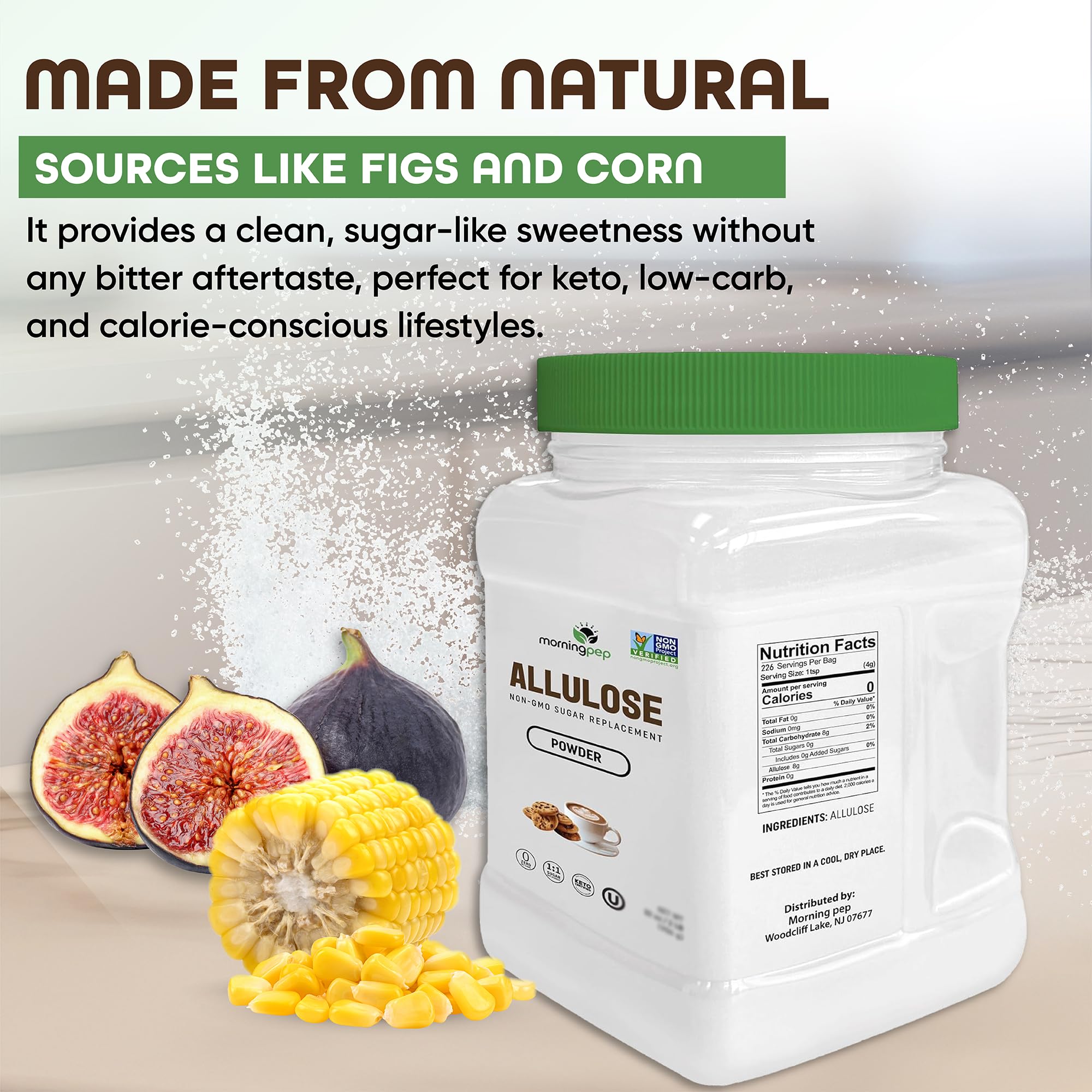 Morning Pep Allulose Non-GMO seal on packaging