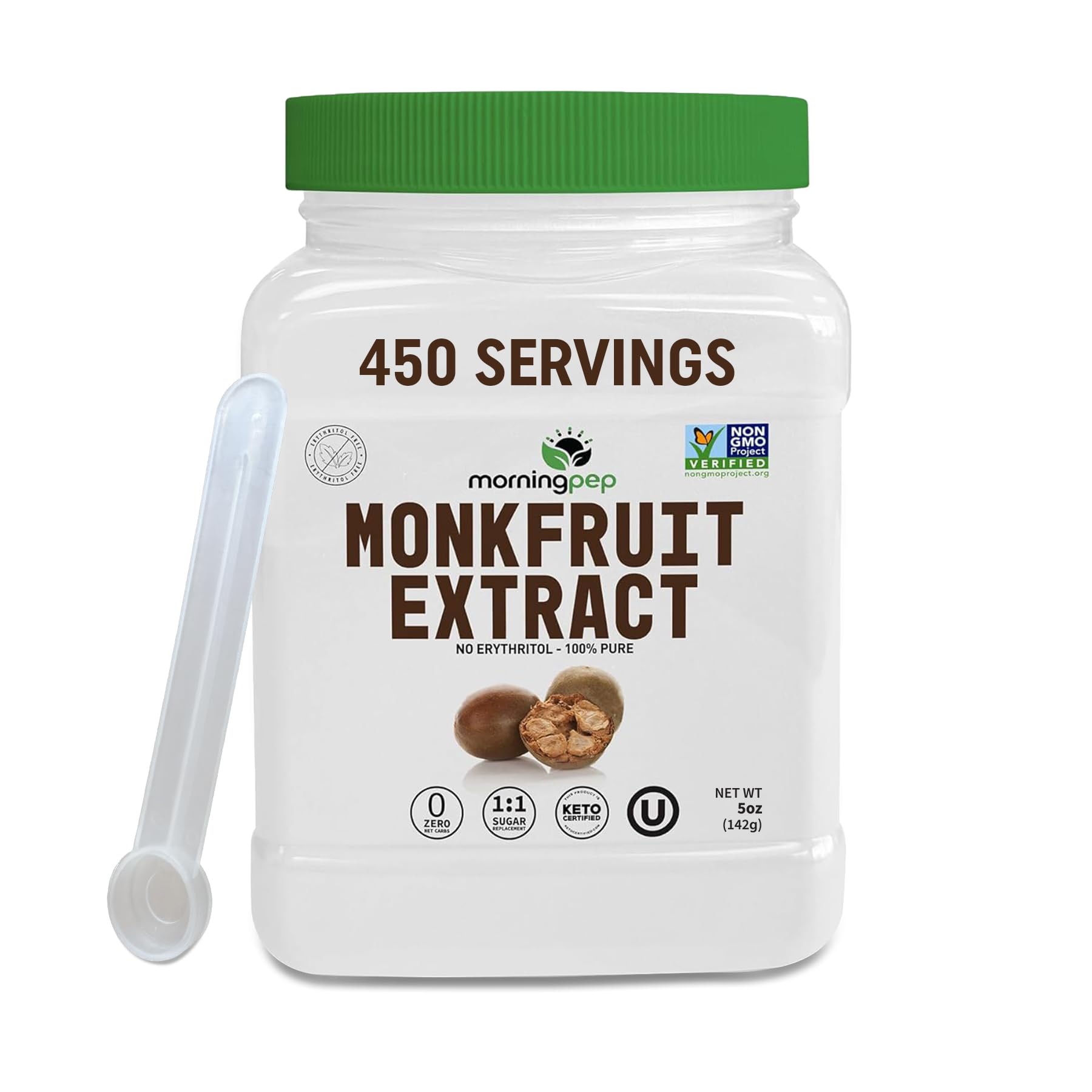 Morning Pep monk fruit powder cup sweetness with zero calories.
