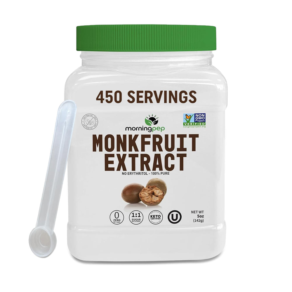 Morning Pep monk fruit powder cup sweetness with zero calories.