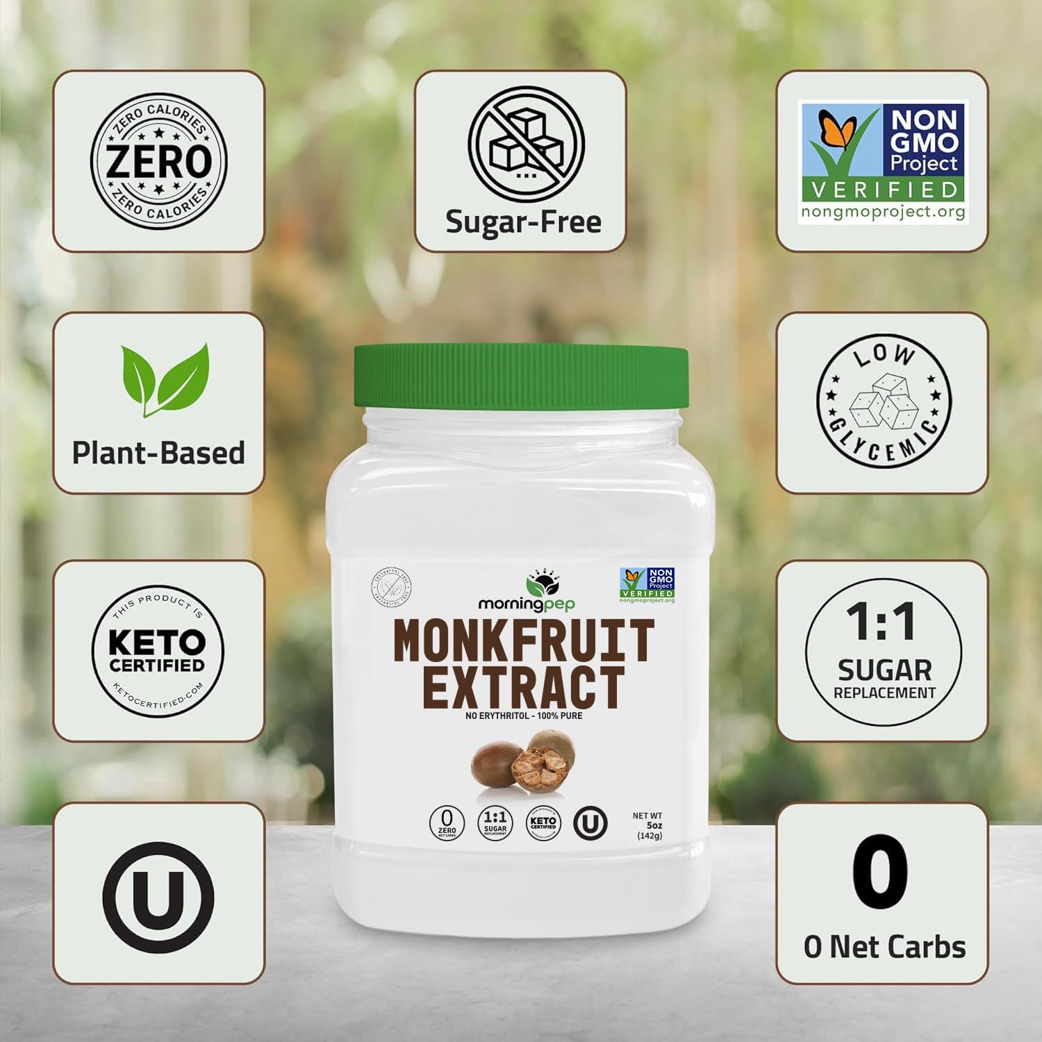 Morning Pep monk fruit powder on kitchen counter for daily use.