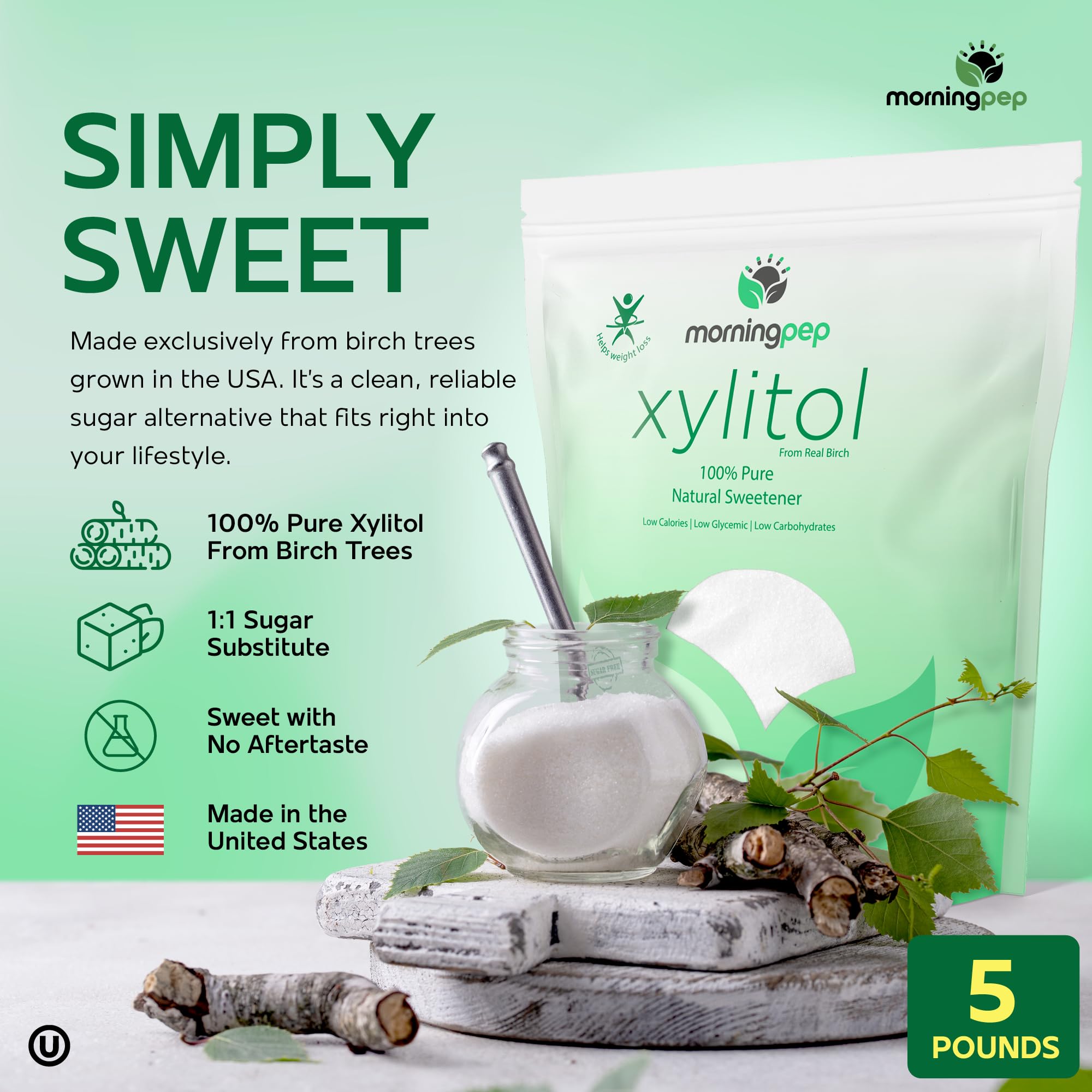 Morning Pep Pure Birch Xylitol bag pour, convenient daily sweetener