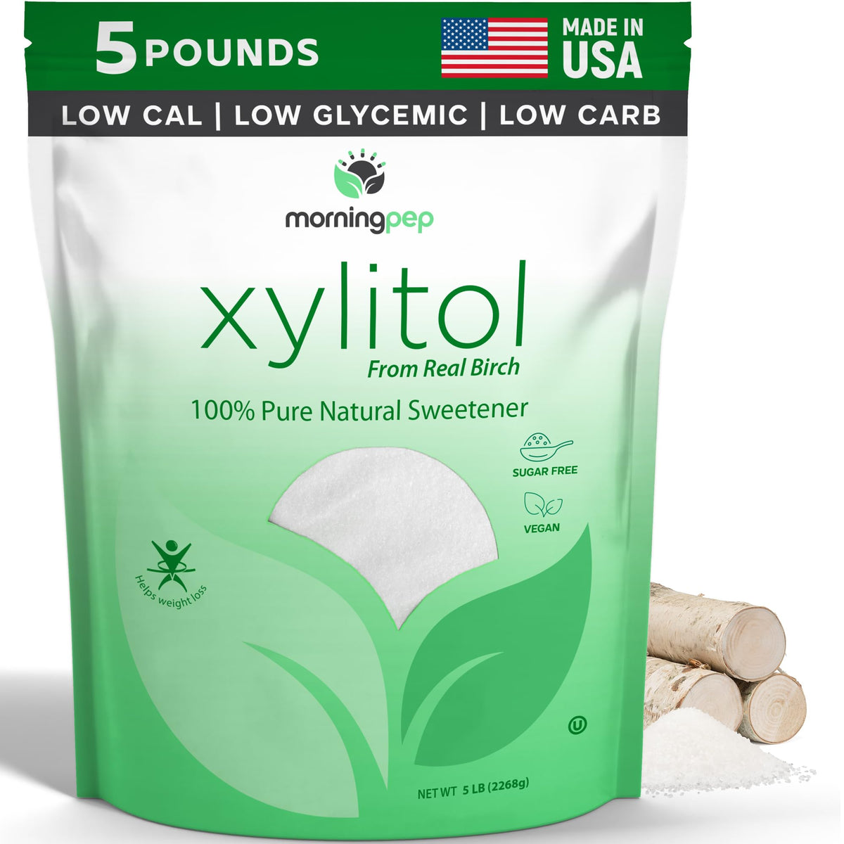 Morning Pep Pure Birch Xylitol packaging front, keto-friendly sweetness