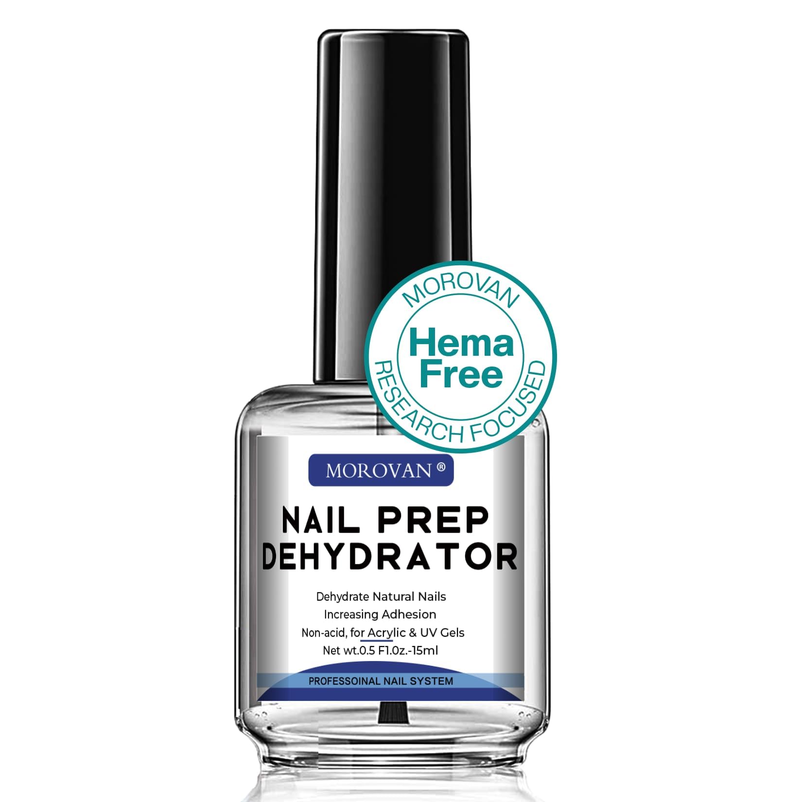 Morovan Acid Free Dehydrator bottle pour shows fast-drying prep for long lasting gel polish.