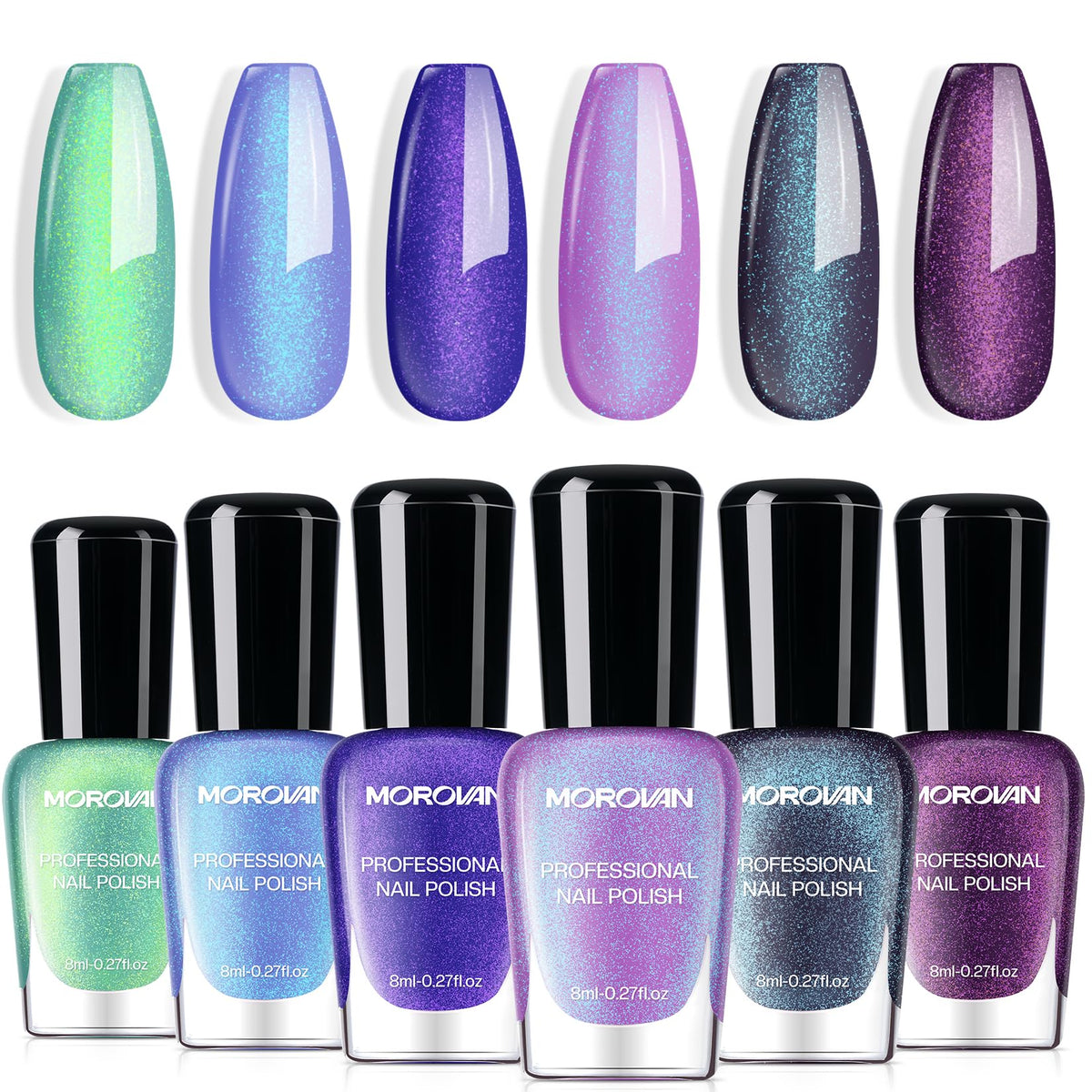 Morovan Chameleon Nail Polish Set with six color-shifting hues for versatile nail art.