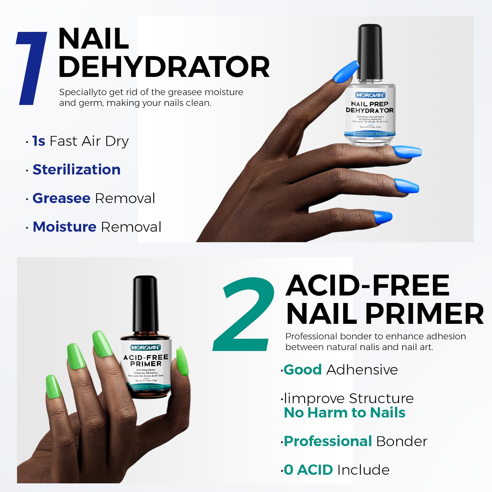 Morovan Nail Primer bottle on display, acid-free formula supports healthy nail prep