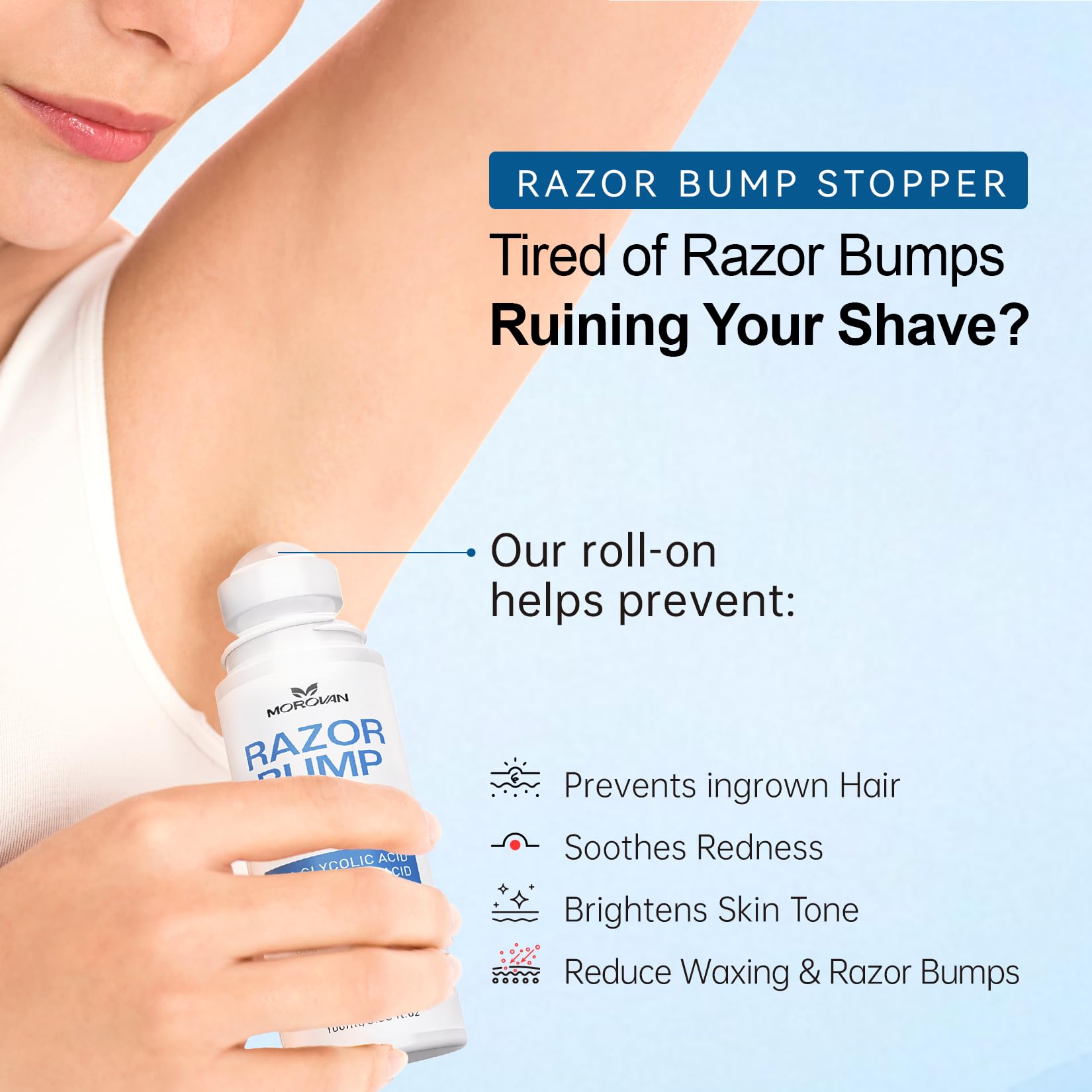 Morovan Razor Bumps Serum being applied with fast-absorbing texture for daily use