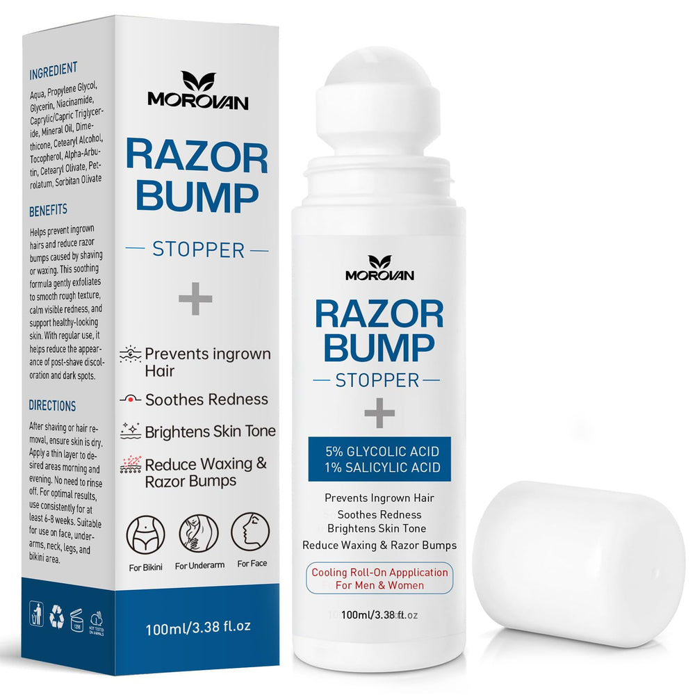 Morovan Razor Bumps Serum bottle prepared for post-shave care and smoothing