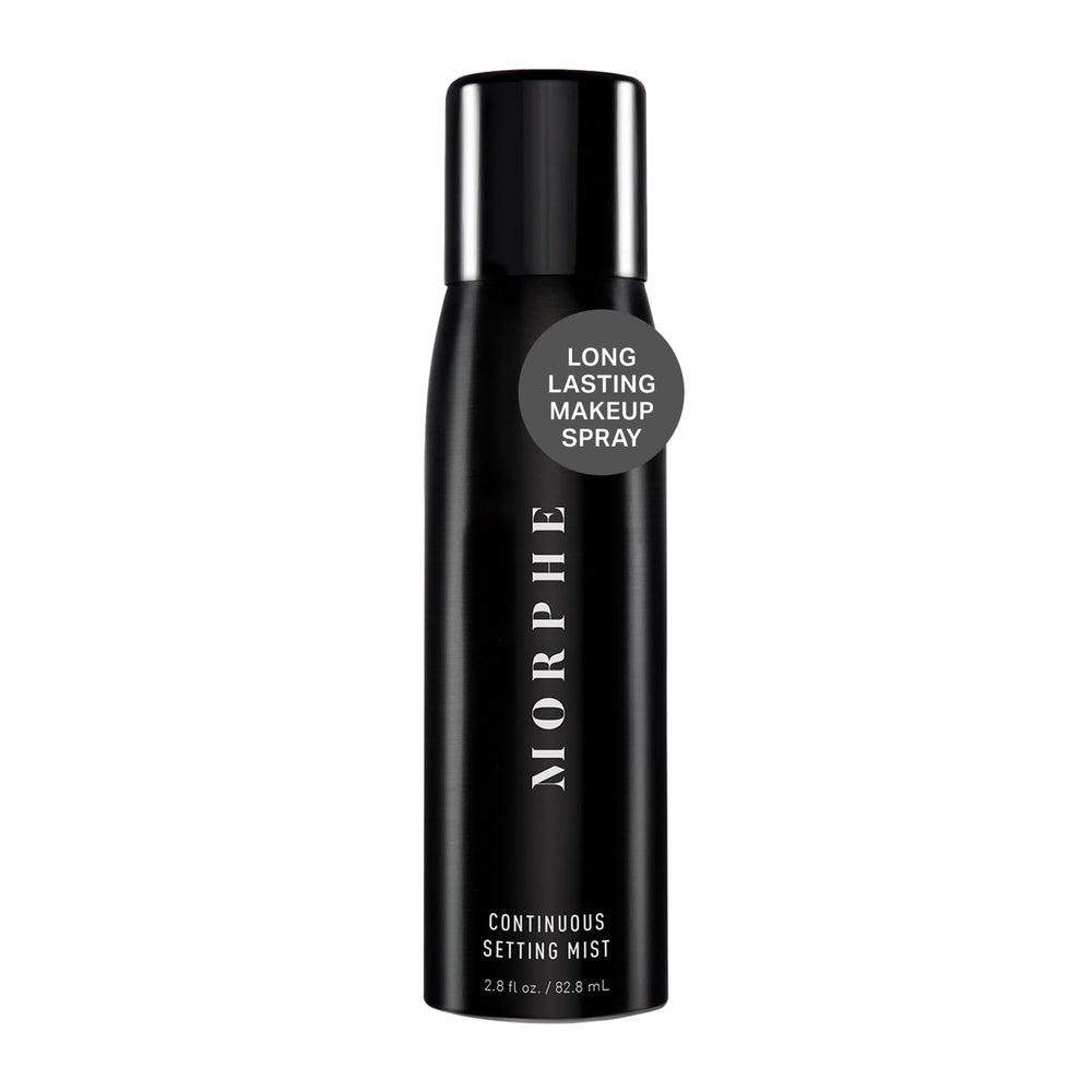 MORPHE Continuous Setting Mist bottle close-up showing precise, even application