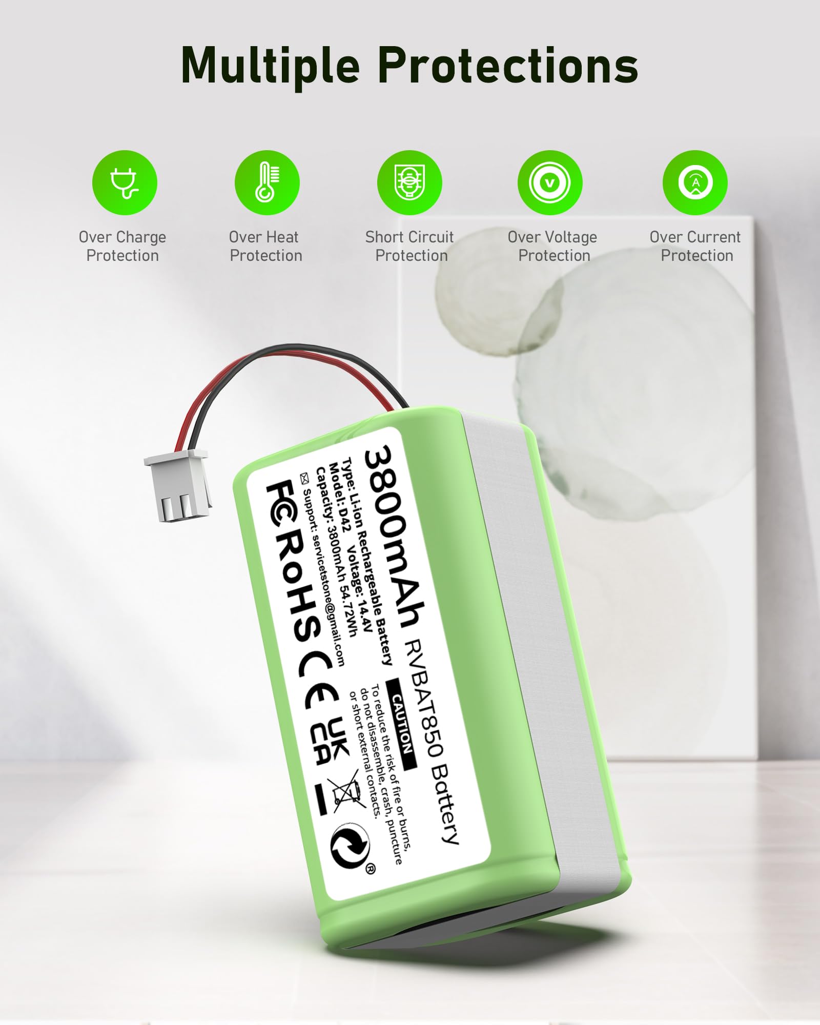 Morpilot RVBAT850 product label shows 14.4V and 3800mAh.