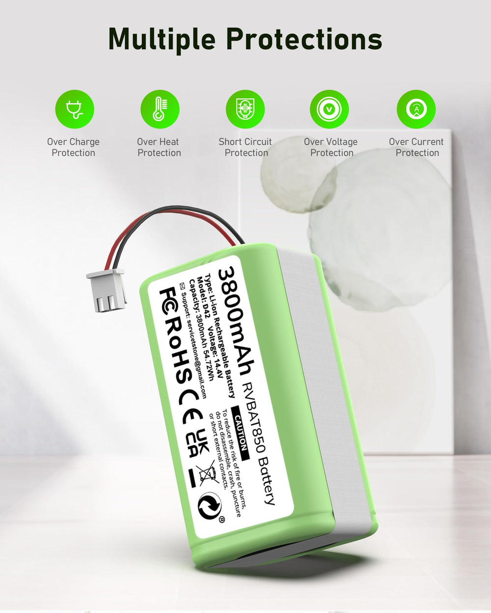 Morpilot RVBAT850 product label shows 14.4V and 3800mAh.