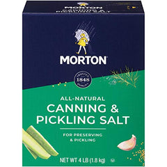 Morton canning and pickling salt label close-up highlighting clean, natural salt