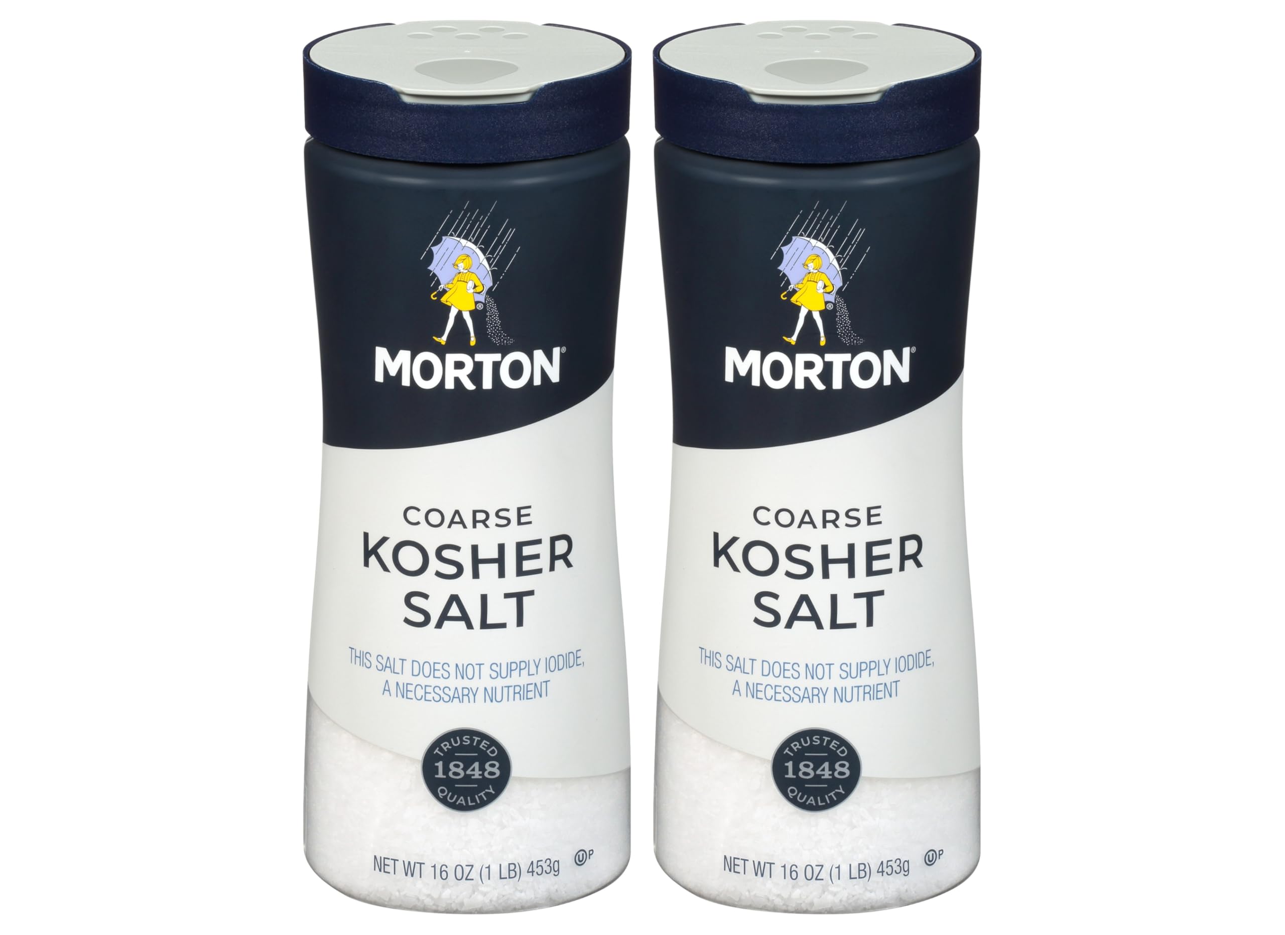 Morton Coarse Kosher Salt bottle with 1lb canister for quick, controlled seasoning.