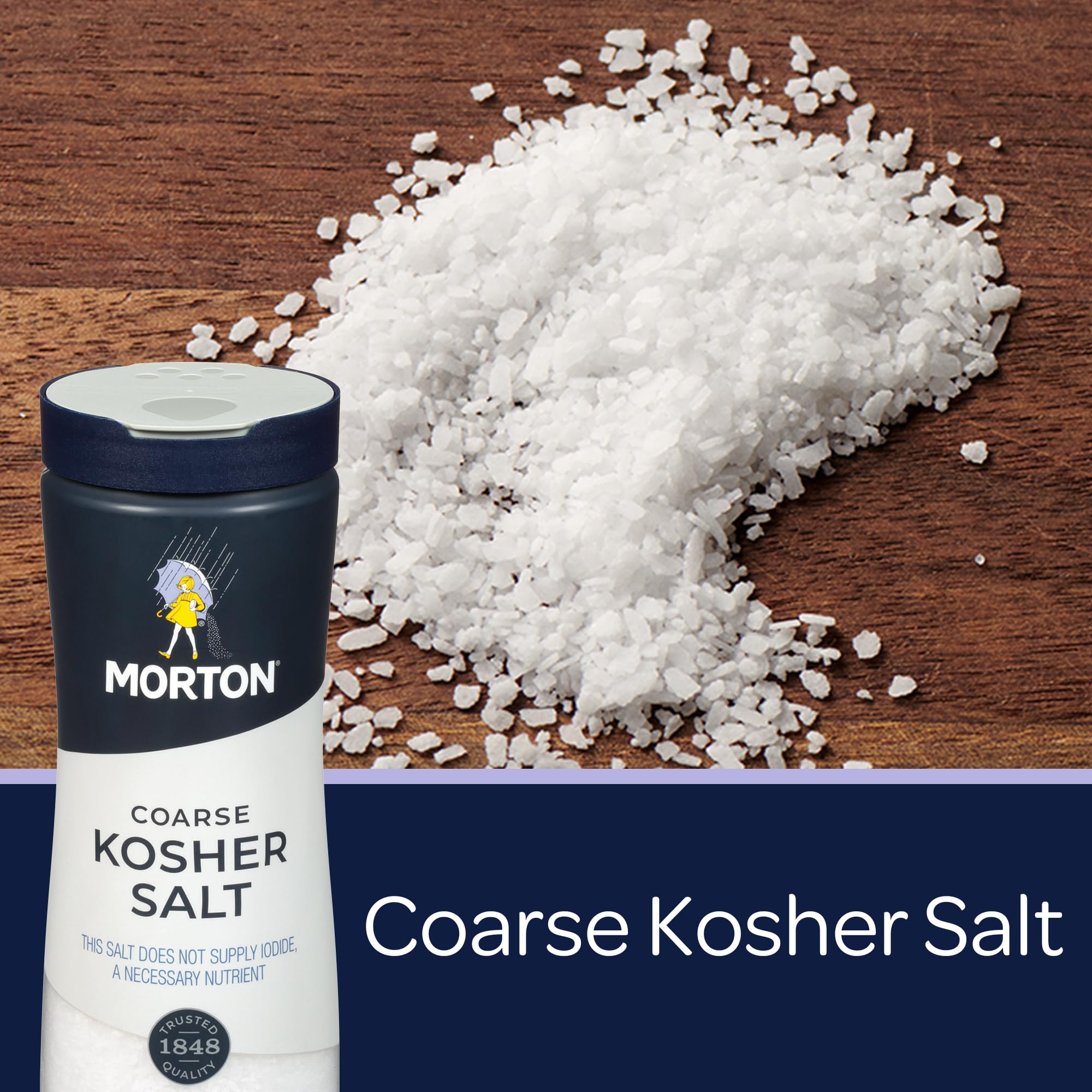 Morton Coarse Kosher Salt flake closeup highlights flaky texture for easy pinching.