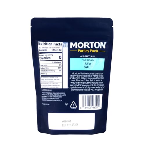 Morton Fine Sea Salt pouch 1 lb on the kitchen counter.