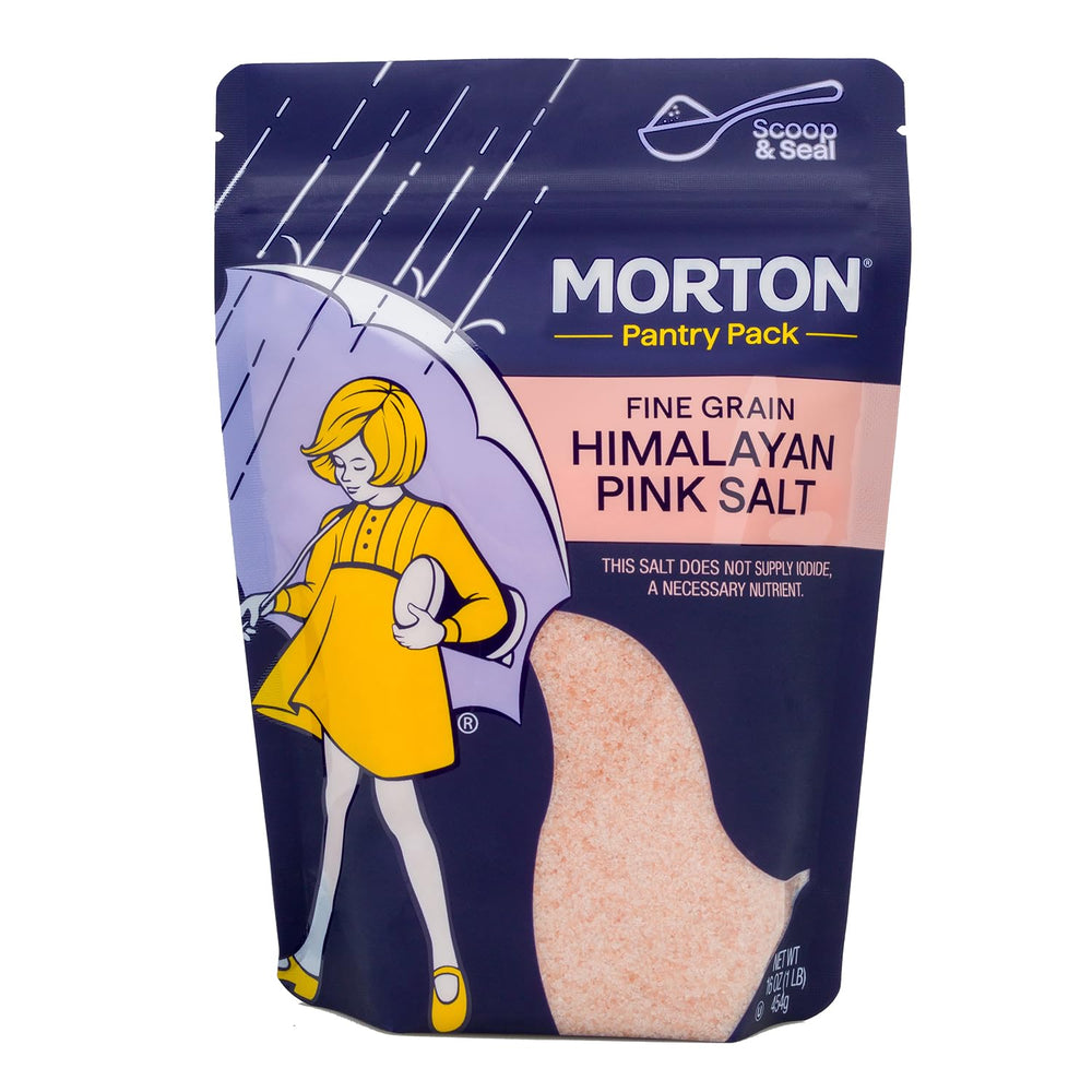 Morton Himalayan Pink Salt fine crystals close-up showing rosy hue and everyday seasoning.