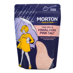 Morton Himalayan Pink Salt fine crystals close-up showing rosy hue and everyday seasoning.