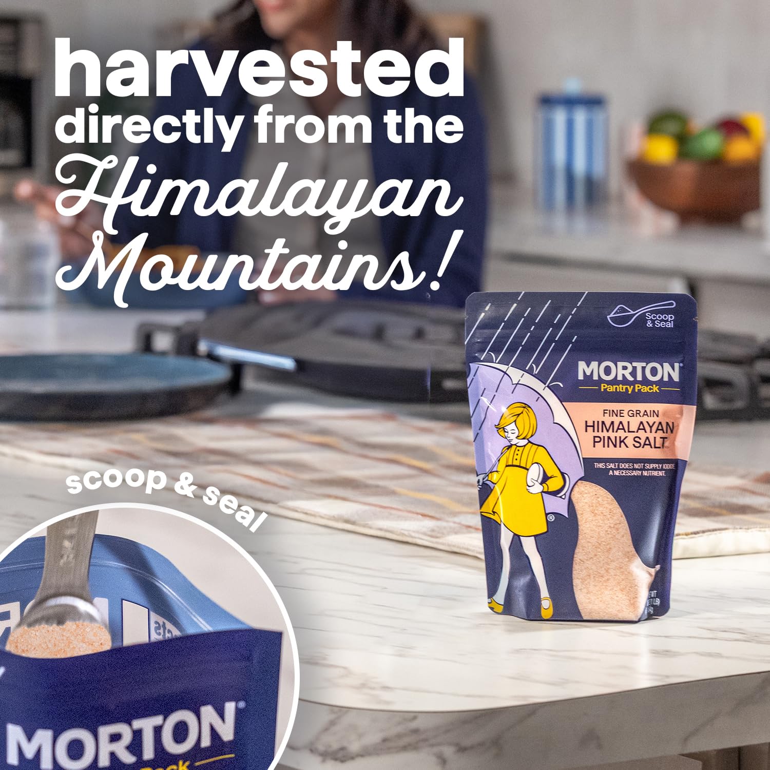 Morton Himalayan Pink Salt being poured over food to enhance flavor and color.