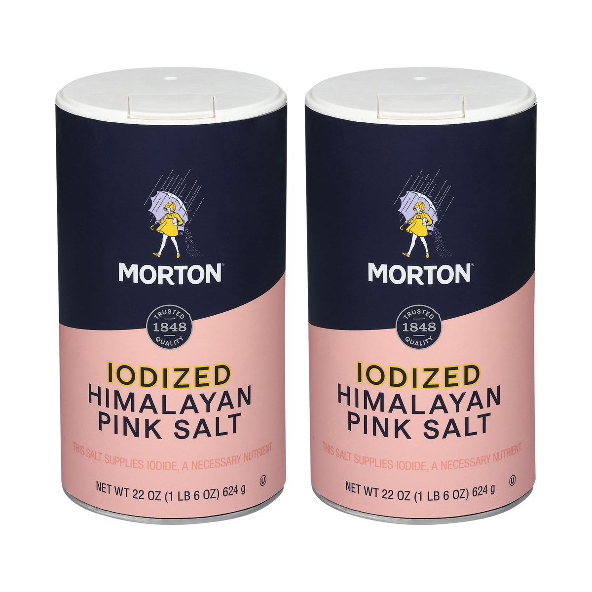 Morton iodized Himalayan pink salt 22oz bottle front for everyday seasoning.