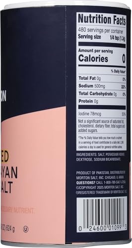 Morton iodized Himalayan pink salt crystal close-up showing natural mineral color.