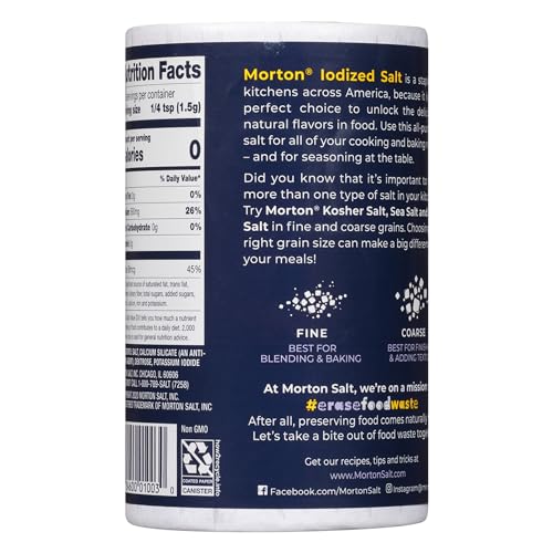 Morton iodized salt round packaging with iconic pantry appeal