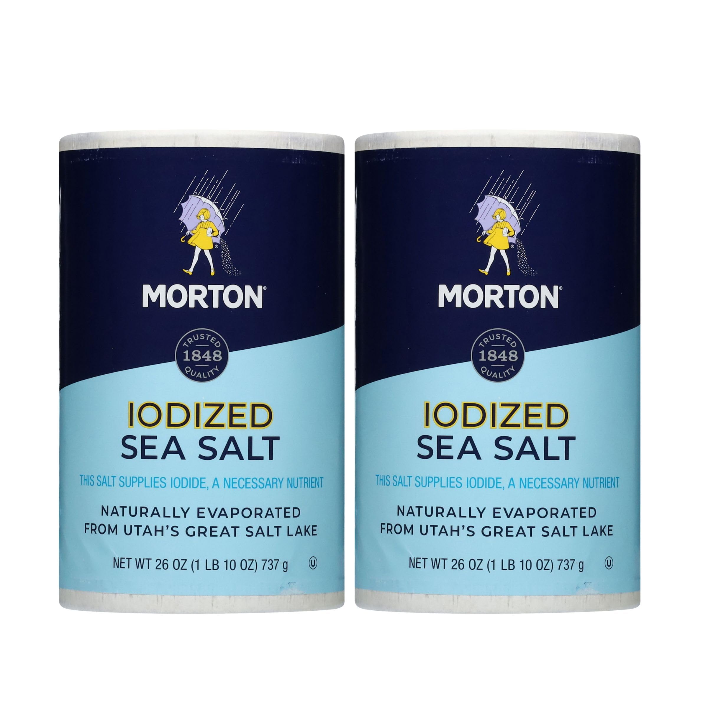 Morton Iodized Sea Salt Round canister on kitchen counter, ideal for everyday seasoning.