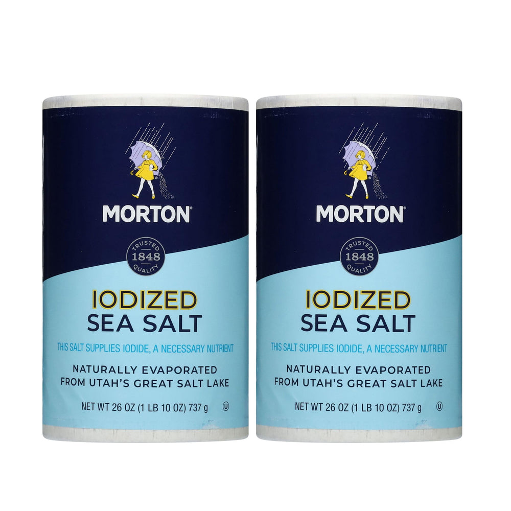 Morton Iodized Sea Salt Round canister on kitchen counter, ideal for everyday seasoning.