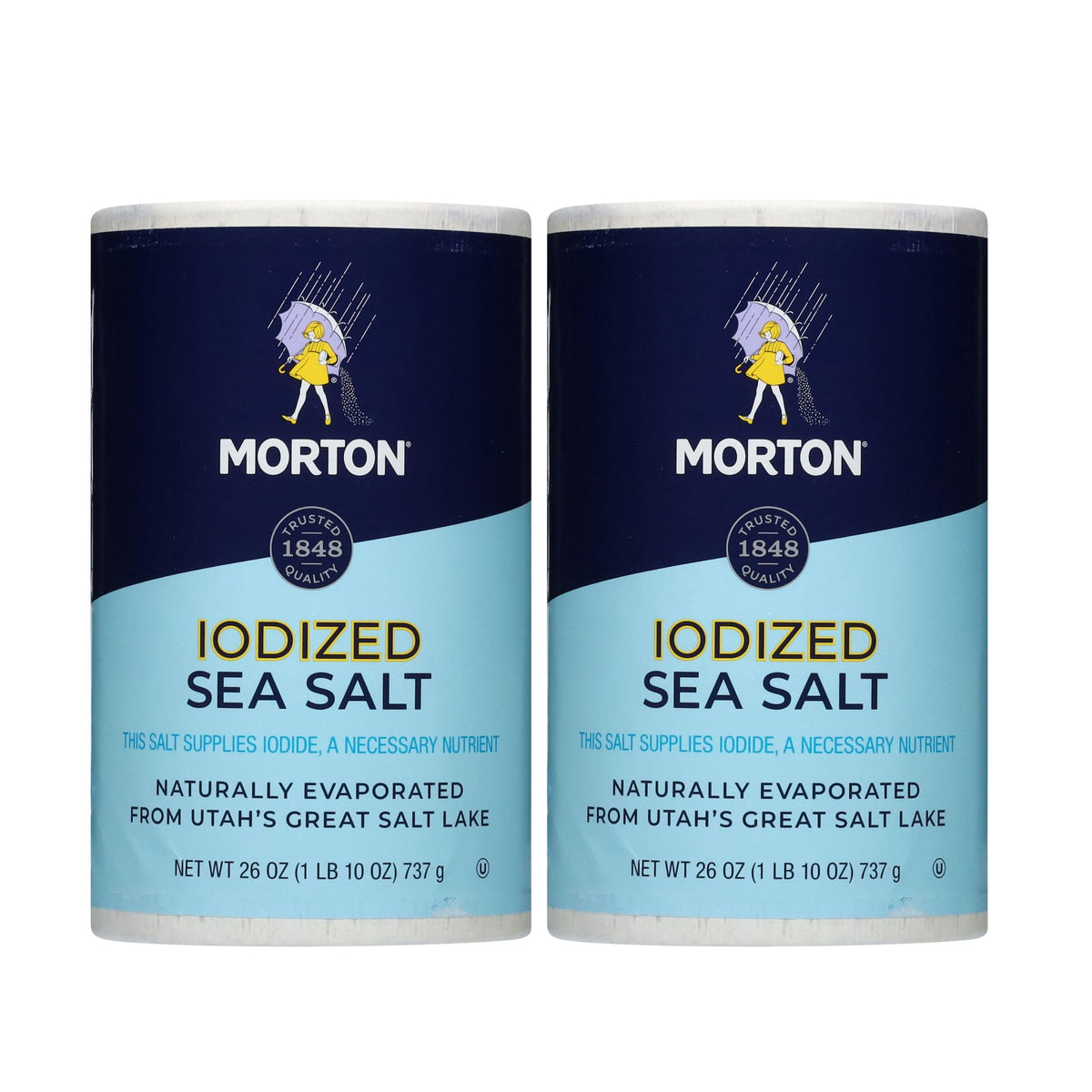 Morton Iodized Sea Salt Round canister on kitchen counter, ideal for everyday seasoning.