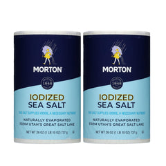 Morton Iodized Sea Salt Round canister on kitchen counter, ideal for everyday seasoning.