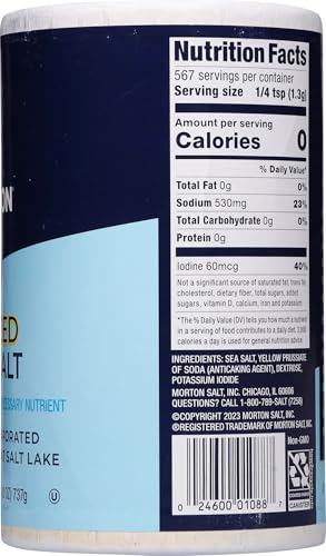 Morton iodized sea salt round shaker with fine crystals for quick pinches.