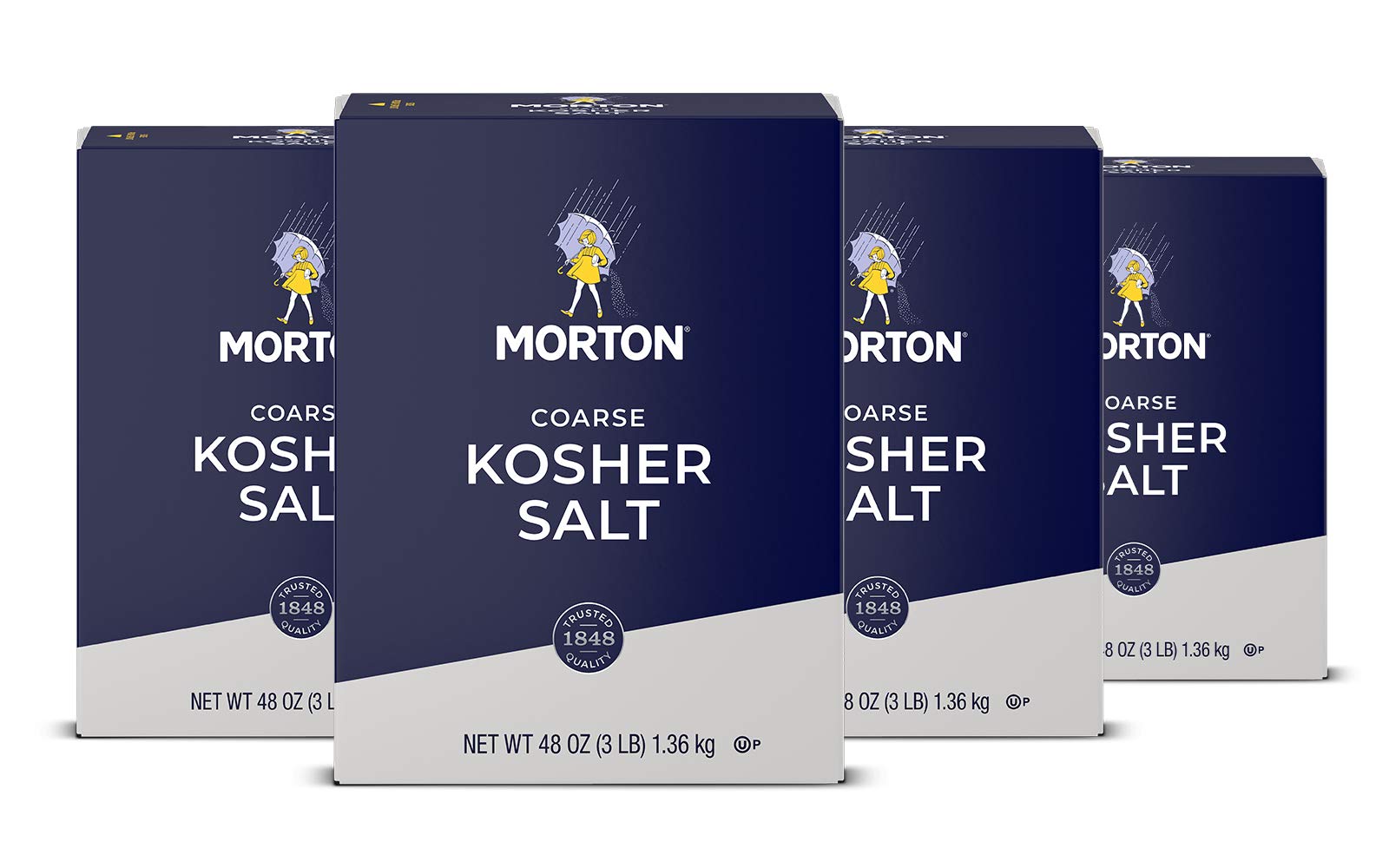 Morton Kosher Salt coarse 48oz 4-pack box on kitchen shelf for easy seasoning