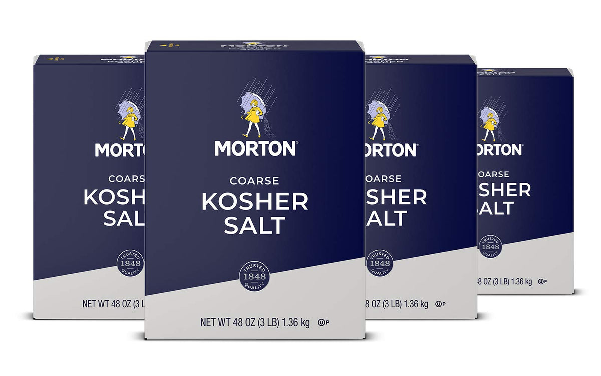Morton Kosher Salt coarse 48oz 4-pack box on kitchen shelf for easy seasoning