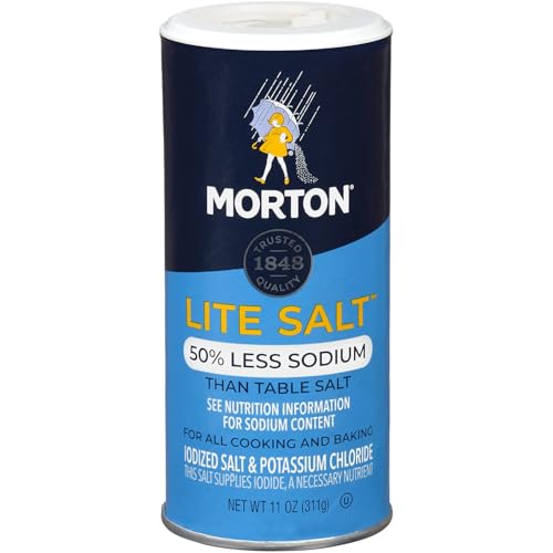 Morton Lite Salt bottle front close-up demonstrates convenient seasoning for cooking and baking.