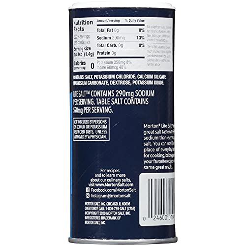 Morton Lite Salt kitchen drawer-counter display suggests versatile seasoning for everyday meals.