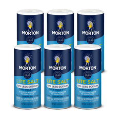 Morton Lite Salt six-pack pack shot shows a familiar seasoning option with reduced sodium.