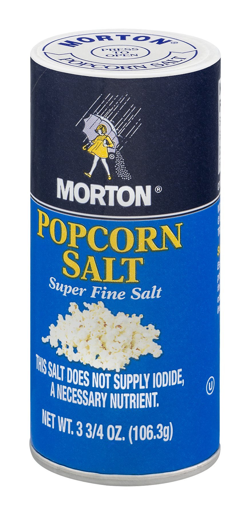 Morton popcorn salt shaker, ultra-fine seasoning for popcorn and snacks.