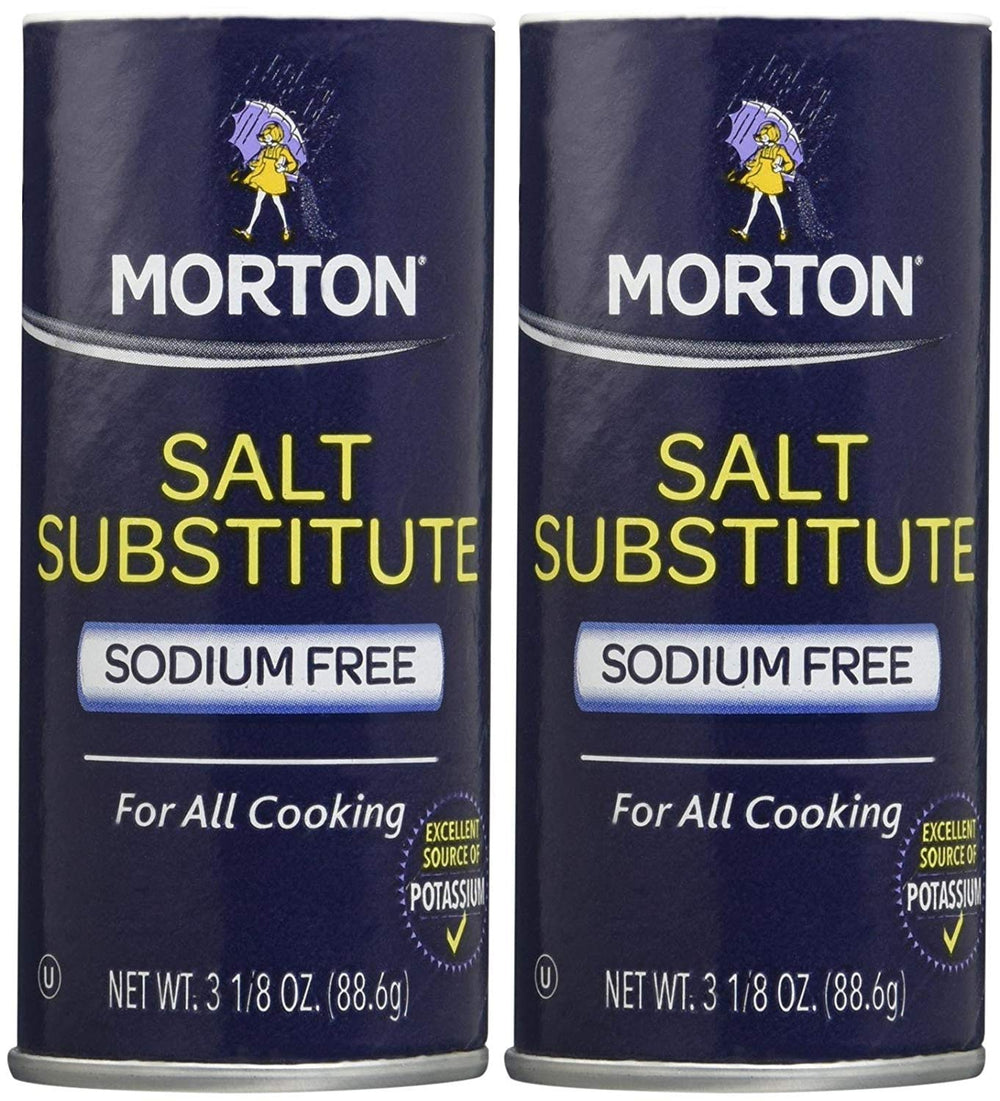 Morton Salt Substitute 2-Pack bottle for low-sodium cooking and table seasoning.