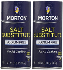 Morton Salt Substitute 2-Pack bottle for low-sodium cooking and table seasoning.