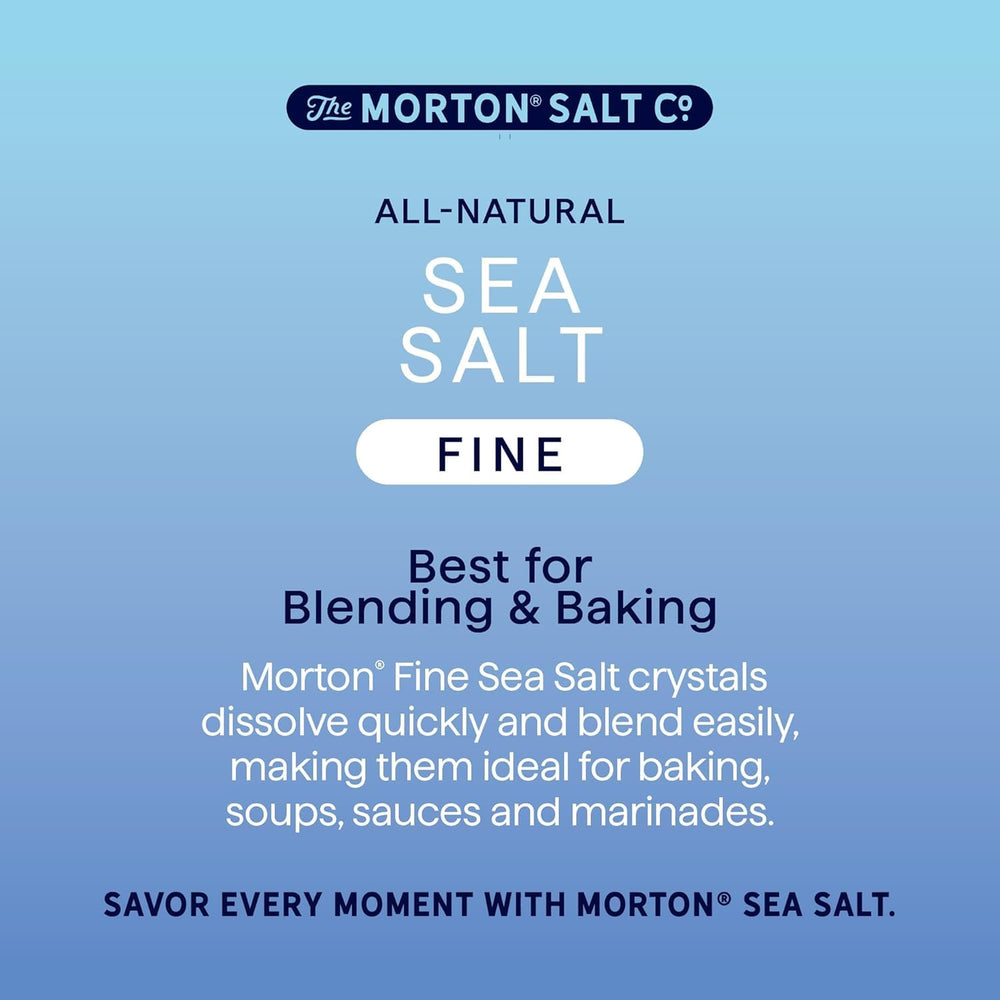 Morton Sea Salt on a kitchen countertop ready for baking and cooking.